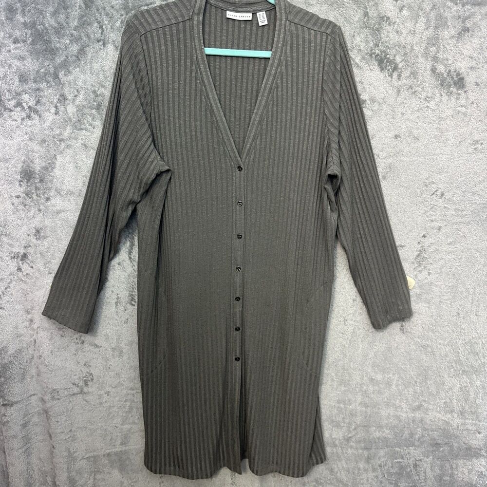 susan graver 2X duster sweater gray button up vneck pockets 42 in Length
